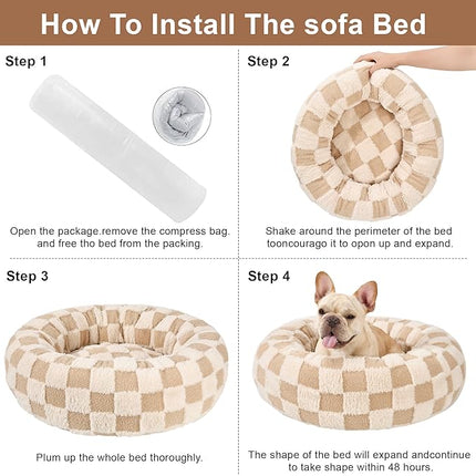 Dog Calming Beds for Small Medium Large Dogs - Round Donut Washable Puppy Dog Bed, Anti-Slip Faux Fur Fluffy Donut Cuddle Anxiety Cat Pet Bed (36" Grid)