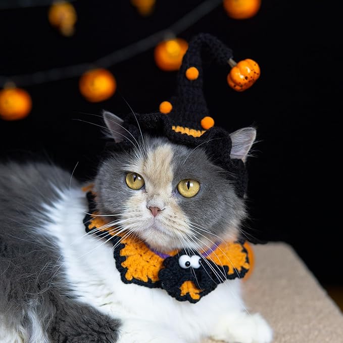 Hand-Knit Halloween Pet Costume-Spider & Black Witch Hat for Cats and Small Sized Dogs,Festive Halloween-Themed Cat Apparel,Comfortable and Breathable Dog Halloween Outfits,Cat Witch Costume