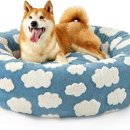 LE SURE Donut Dog Beds Large Sized Dog - Round Pet Beds for Calming Puppy with Washable Cover, Orthopedic Modern Beds with Jacquard Shaggy Plush & Anti Slip Bottom, 36 Inch，Blue