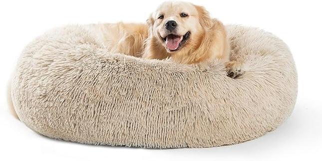 SAVFOX Calming Dog Bed, Anti-Anxiety Donut Dog Bed, Plush Faux Fur, Large Size, 36"x36", 10" Thick, Durable Construction, Machine Washable