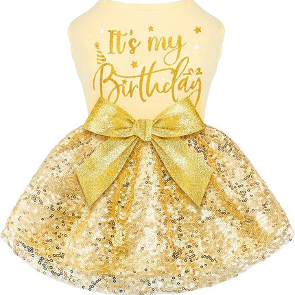 Birthday Dog Dress with Gold Sparkly Sequin Princess Dog Clothes for Small Medium Large Dogs Girls Boys Cats Outfit Apparel