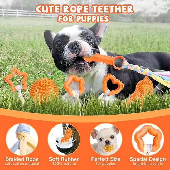 6 Pack Puppy Teething Toys Cute Orange Puppy Chew Toys for Teething Durable Small Dog Chew Toy for Puppies Small Dog Squeaky Balls Interactive Soft Rubber Rope Doggy Chews Toy Set