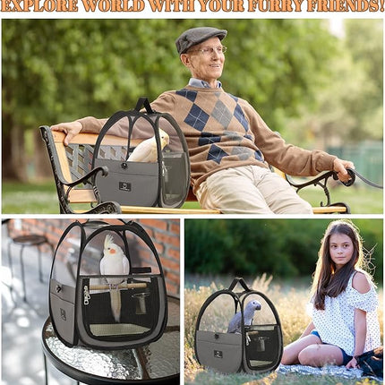 Bird Carrier for Travel with Clear Windows, Breathable Safe Fabric, Lightweight Small Bird Cage with Tray, Stand and Feeder, Portable Pet Bag for Parrot, Vet Visit, Outdoor, Small Animals