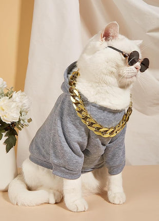 QWINEE 3Pcs Dog Hoodie Cat Apparel Dog Custume Set with Necklace and Sunglasses Pet Clothes for Puppy Small Medium Dogs Cats Grey L