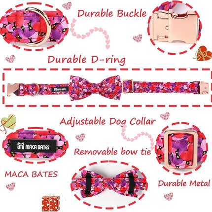 Maca Bates Valentine's Day Dog Collar with Fancy Bow for Extra Small Girl Boy Dogs,Tiedyed Love Hearts Pattern,Adjustable Durable Soft Valentine Gift for Female Male Puppy
