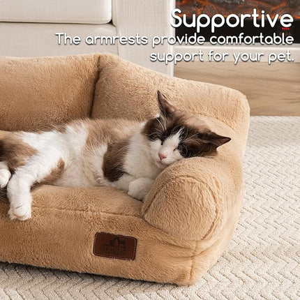 Hollypet Fluffy Plush Pet Dog Cat Couch Soft Calming Pet Sofa Bed for Medium Small Cats and Dogs, Light Brown