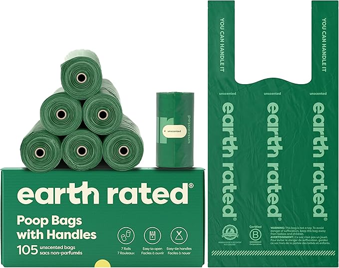 Earth Rated Dog Poop Bags with Handles on Refill Rolls, Easy-Tie on a Compact Roll, Extra Wide Opening, Guaranteed Leak-Proof, Unscented, 105 on Rolls