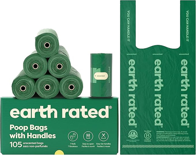 Earth Rated Dog Poop Bags with Handles on Refill Rolls, Easy-Tie on a Compact Roll, Extra Wide Opening, Guaranteed Leak-Proof, Unscented, 105 on Rolls