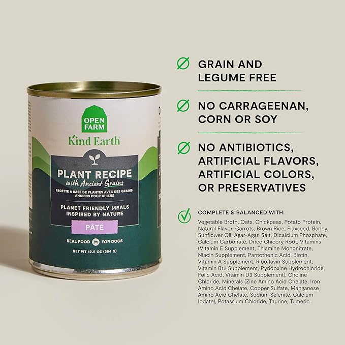 Open Farm Canned Dog Food, Plant Based Paté for Complete & Balanced Nutrition, Non-GMO Ancient Grains, Lentils and Vegetables, Plant Based Recipe, 12.5oz Cans (Pack of 12)