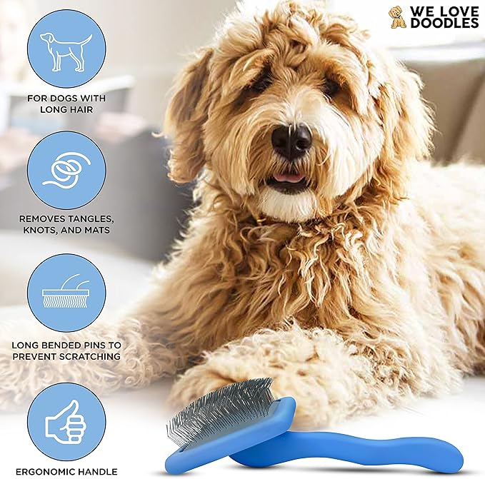 Slicker Brush for Dogs & Cleaner, Dog Grooming Supplies - Best Doodle & Poodle Brush for Long Haired Dogs - Goldendoodle Long Pin Detangler For Dematting