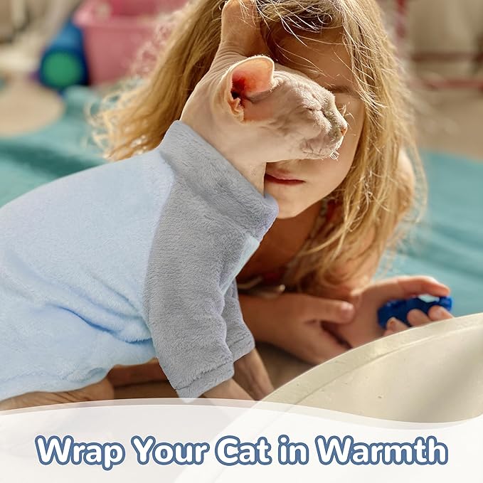 PUMYPOREITY Turtleneck Sweater for Sphynx Cat, Soft Coral Fleece Cat Clothes, Thick Winter Warm Outfit Coat with Sleeves, L, Blue