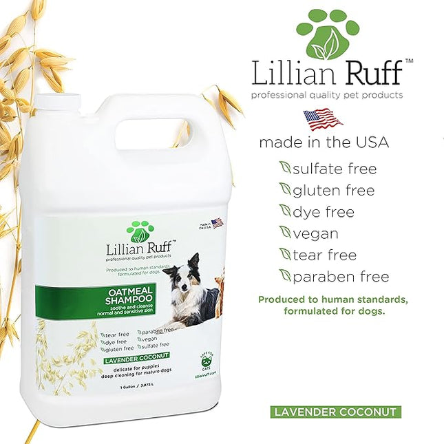 Lillian Ruff PRO Formula Deodorizing Oatmeal Dog Shampoo - Calms Itching & Allergies, Ultra-Nourishing Dry Skin Relief - Oatmeal, Aloe, Coconut Oil, Lavender & Provitamin B5 - Made in USA (Gallon)