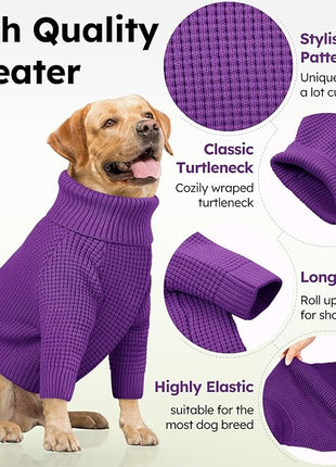 Queenmore XXL Dog Sweater, Large Dog Sweaters for Male Dogs, Turtleneck Plaid Kintsweaters for Large Breeds, Cold Weather Pullover Pet Clothes, Purple 2XL