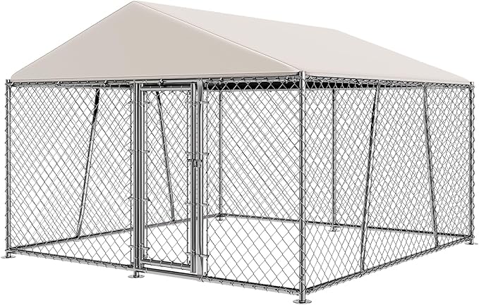 10 x 10FT Large Outdoor Dog Kennel with Roof, Dog Kennel Outside with Waterproof Cover, Galvanized Heavy Duty Chain Link Dog Runs Cage Playpen for Outside with Secure Lock