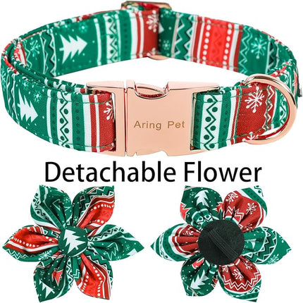 ARING PET Christmas Dog Collar, Cute Folk Xmas Red Green Detachable Flower Pet Collars with Metal Buckle for Puppy Small Medium Large Boy Girl Dogs-L