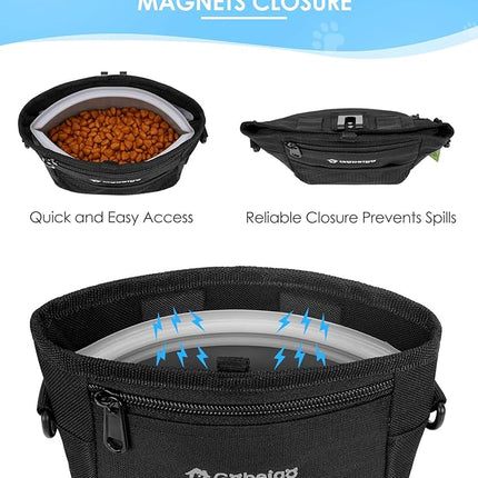 Gobeigo Dog Treat Pouch with Silicone Liner, 【4 Cup】【3 Ways to Wear 】 Treat Bag with Training Clicker, Front Pocket fits All Phones, Upgrade Stronger Magnetic Closure Walking Fanny Pack (Black)