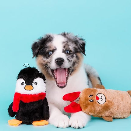 ZippyPaws Squeakie Buddies - No Stuffing Dog Toys to Keep Them Busy, for Small & Medium Dogs, Squeaky Pet Toy for Boredom, Unstuffed Chew Toy, Soft Plush Puppy Products - Holiday Pack of 3