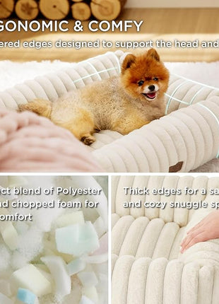 Bedsure Cute Dog Bed Medium Size Dog - Washable Furry Puppy Beds, Rectangle Orthopedic Corduroy Fleece Pet Beds with Removable Zipper Cover, 30x24x8inches, Cream