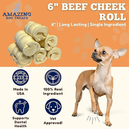 Amazing Dog Treats - Beef Cheek Rolls (6 Inch Regular - 8 Pcs) - No Hide - Safe Rawhide Alternative Dog Chew - Great for Power Chewers - Long Lasting Dog Chew - No Splinters - Retriever Rolls For Dogs