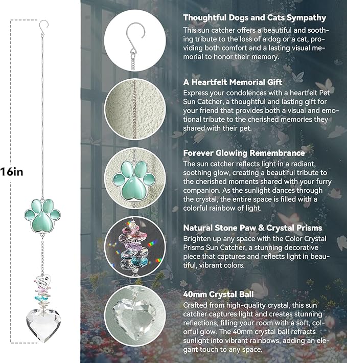 Pet Memorial Suncatcher - Loss of Dog Sympathy Gift, Pet Memorial Gifts for Dogs, Thoughtful Dogs and Cats Bereavement Remembrance Gifts, Gemstone Paw Crystal Suncatcher(Jade)