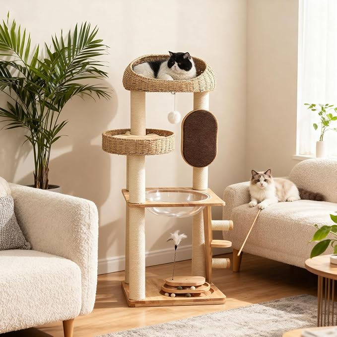 Cat Tree, Modern Cat Tree Tower with Space Capsule, Hand-Woven Basket Nest, Sisal Posts & Scratching Board, 50 Inch Heavy-Duty Multi-Level Indoor Wood Tower