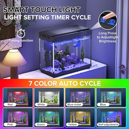 Fish Tank 2.4 Gallon Aquarium with Heater, 3-in-1 Silent Pump with Filteration & Oxygenation & Circulation, 7-Color Timer Cycle Light, Temperature Display, Humidifier, HD Glass Fish Bowl