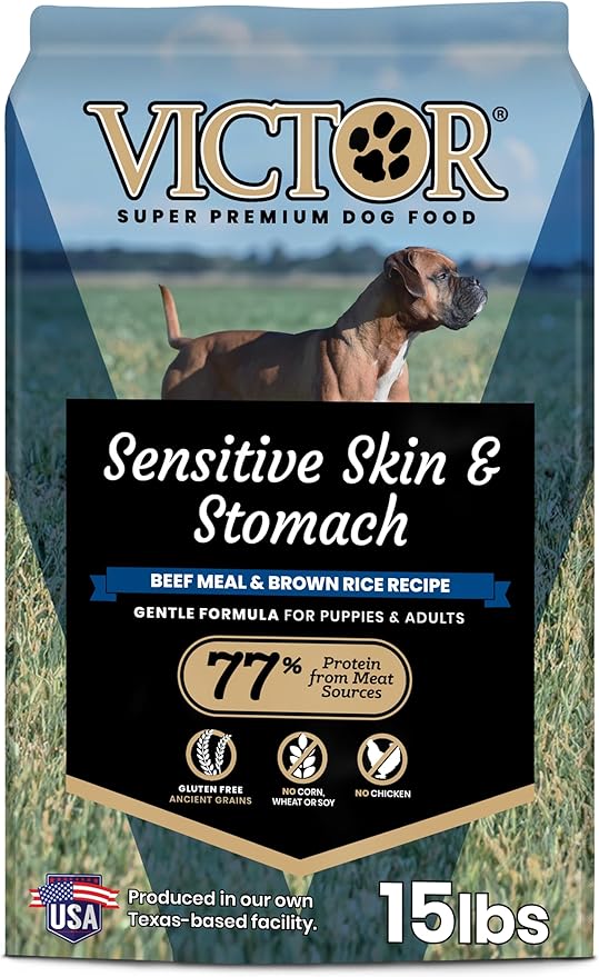 VICTOR Super Premium Dog Food — Sensitive Skin and Stomach — Beef Meal & Brown Rice Recipe Dry Kibble — Gluten Free, No Chicken, Ideal for Dogs with Allergies — Adult and Puppy Food, 15 lb