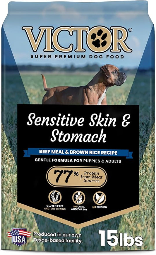 VICTOR Super Premium Dog Food — Sensitive Skin and Stomach — Beef Meal & Brown Rice Recipe Dry Kibble — Gluten Free, No Chicken, Ideal for Dogs with Allergies — Adult and Puppy Food, 15 lb