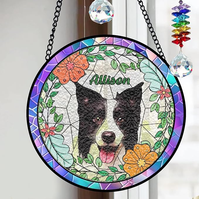 Gabita Custom Pet Portrait Stained Glass Window Hanging, Memorial Dog Portrait Art Ornaments, Dogs Ornament Christmas Tree, Dog Sympathy Gift, Pet Memorial Ornament