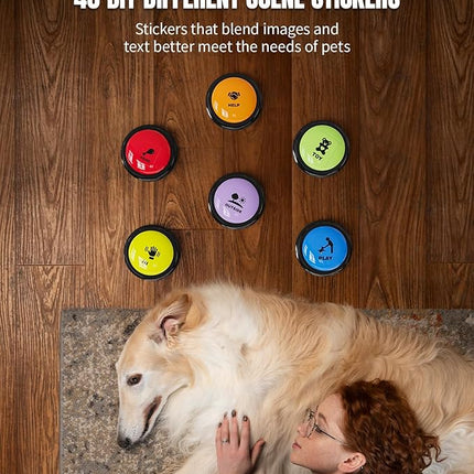 6 Pcs Dog Buttons for Communication Pet Training Buzzer, 30 Second Voice Recording Button, Dog Talking Button Set with 6 Color Anti-Slip Mat and 48 Scene Stickers