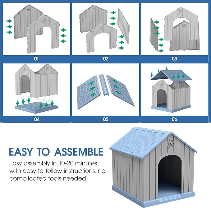 Large Dog House Outdoor Indoor for Medium Large Dogs, Durable Plastic Waterproof Doghouse with Air Vents and Elevated Floor, Easy Clean and Assemble (Classic Blue, 36.2''L×38''W×38''H)