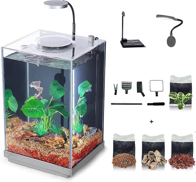Nano Desktop Betta Aquarium 2.7 Gallon Glass Fish Tank Set, Hidden Bottom Filtration System Self Cleaning Filter Light Gravel Plant Cleaning Tool, for Small Space Easy Setup Space-Saving Design