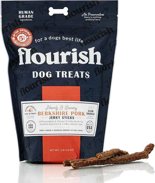 Flourish Pets Berkshire Pork Jerky/Meat Sticks, Dog Treats, Healthy Pet Training Chews (1 Pound)