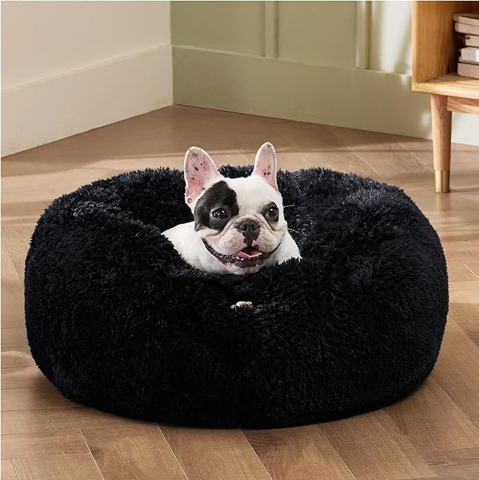 Bedsure Calming Dog Bed for Small Dogs - Donut Washable Small Pet Bed, 23 inches Anti-Slip Round Fluffy Plush Faux Fur Large Cat Bed, Fits up to 25 lbs Pets, Black