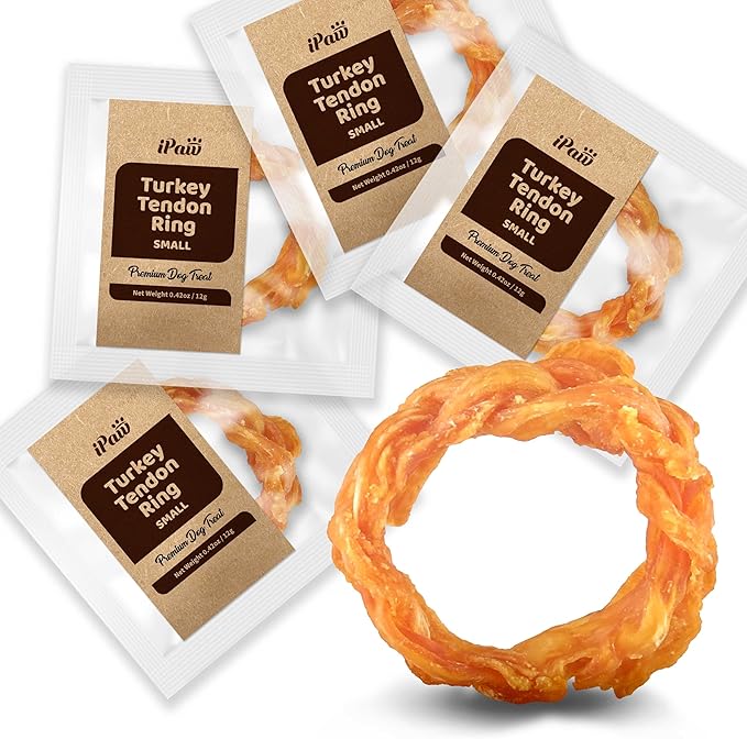 iPaw Turkey Tendons for Dogs, 100% Turkey and US Sourced Raw Material, Hypoallergenic, All Natural Human Grade Puppy Chew, Rawhide Alternative Dog Treats, 4 Units/Pack Ring (Small)