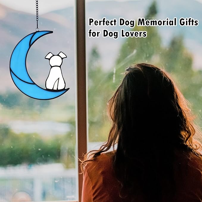 Stained Glass Pet Dog Memorial Gifts for Dog Lovers, White Dog Decor on Blue Moon Window Hangings Suncatcher, Loss of Dog Sympathy Gift, Pet Loss Remembrance Gifts