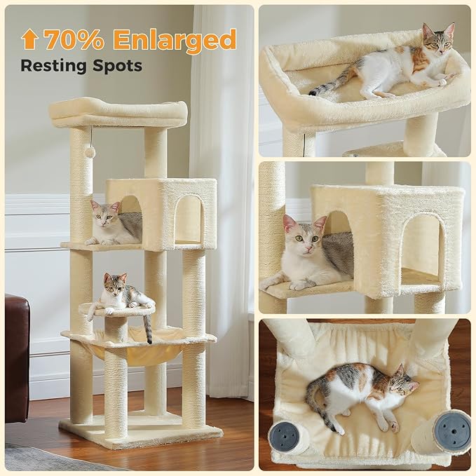 Large Cat Tree with Reinforced Scratching Posts (φ3.7in) for Big Adult Cats 30 lbs, 57.8" Heavy Duty Cat Tower with Larger Hammock and Condo, Cat Furniture for Maine Coon, Plush,Beige