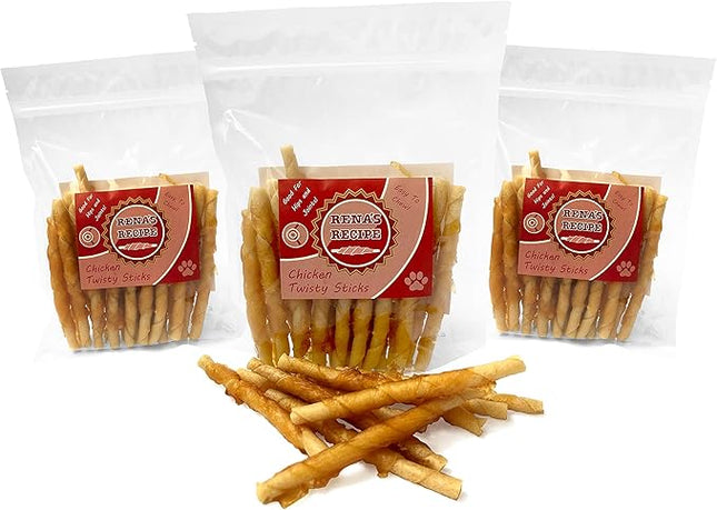 Rena's Recipe Chicken Twisty Sticks (8 oz) (Pack of 3) Rawhide Free Chicken Wrapped Soft Chews with Glucosamine for Joint Health