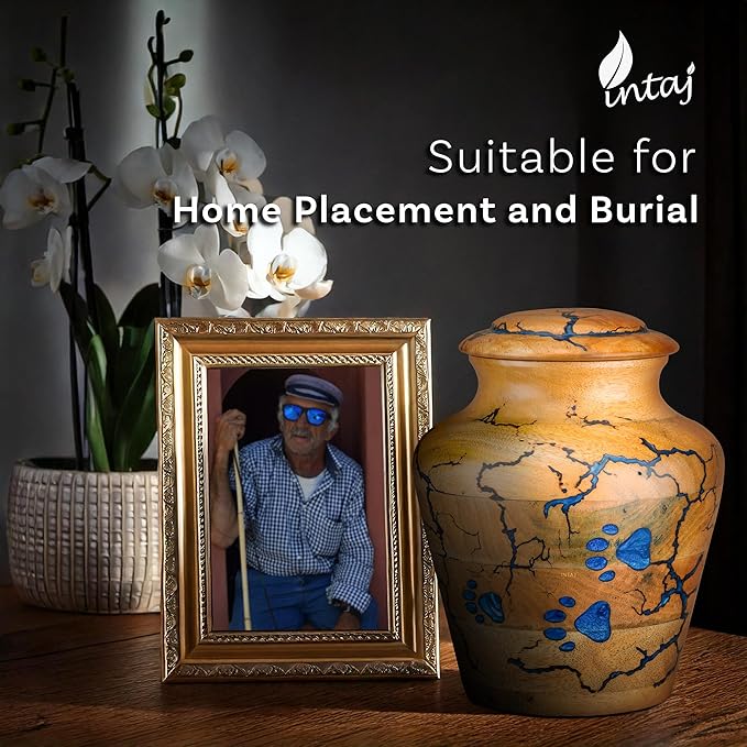INTAJ Wooden Pet Urns for Dogs/Cats Ashes - Blue Resin Paws & Lichtenburg Design - Keepsake Cremation Urn Box, Pet Memorial Wooden Urns for Ashes, Small to Large Sizes (Classic, Large)
