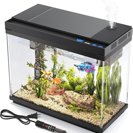 Fish Tank 2.4 Gallon Aquarium with Heater, 3-in-1 Silent Pump with Filteration & Oxygenation & Circulation, 7-Color Timer Cycle Light, Temperature Display, Humidifier, HD Glass Fish Bowl