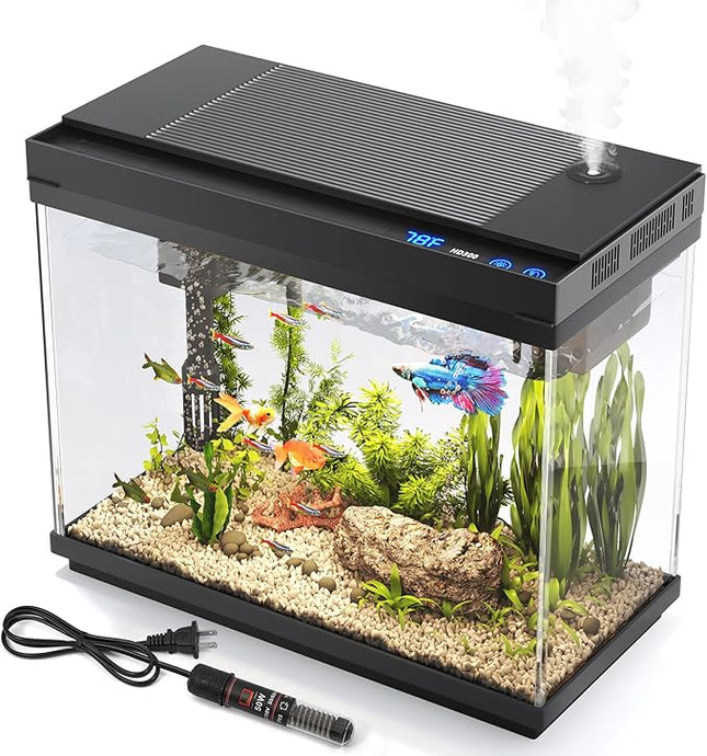 Fish Tank 2.4 Gallon Aquarium with Heater, 3-in-1 Silent Pump with Filteration & Oxygenation & Circulation, 7-Color Timer Cycle Light, Temperature Display, Humidifier, HD Glass Fish Bowl