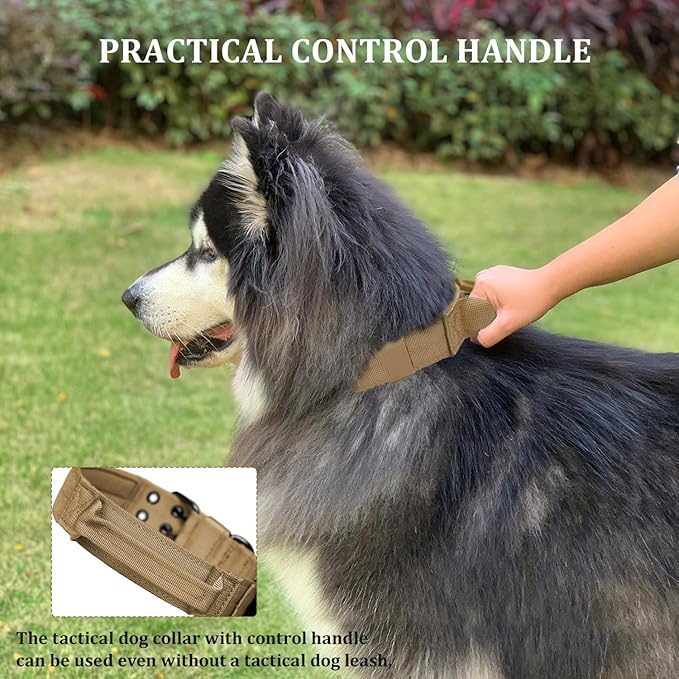 Tactical Dog Collar with Handle, Military Adjustable Heavy Duty Metal Buckle Dog Collars Soft Nylon Training Collar for Medium Large Dogs (Brown, X-Large)