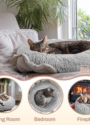 Cat Bed - Calming Cat Bed for Small Kittens Donut Washable Round for Indoor Kittens and Puppies, Anti-Slip Round Fluffy Plush Faux Fur, Medium, Light Grey