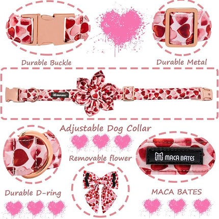 Maca Bates Valentine's Day Dog Collar with Sailor Bow for Small Girl Boy Dogs,Red Love Hearts Pattern,Adjustable Durable Soft Valentine Gift for Female Male Puppy