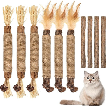 Bissap 10 PCS Silvervine Chew Sticks for Cats, Catnip Chew Sticks Cat Toys for Indoor Cat Kitten Teeth Grinding Interactive Feather Toys for Aggressive Chewers Dental Care