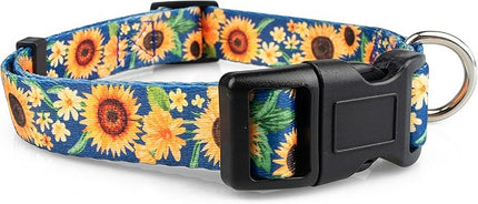 Limeloot Sunflower Dog Collar for Female Dogs - Cute Adjustable Girl Dog Collar for Small Medium Large Dogs, Blue and Yellow Large