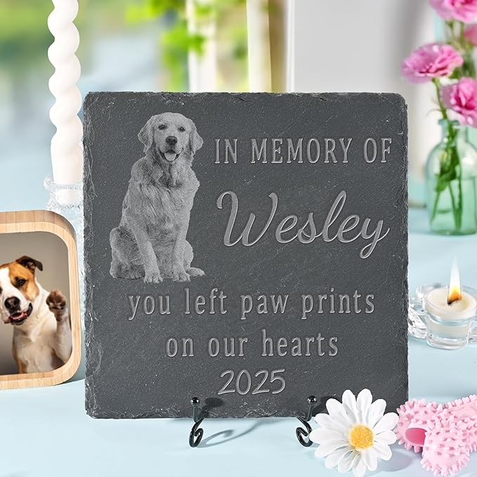 Pet Memorial Stone with Photo, Dog Memorial Gifts for Loss of Dog, Personalized Pet Memorial Gifts, Pet Loss Gift - Paw Prints On Our Hearts（Square）