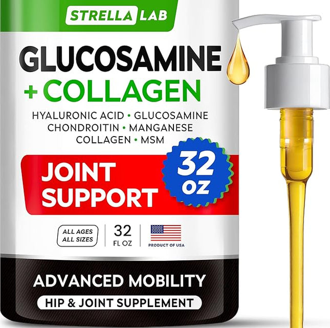 STRELLALAB Liquid Glucosamine for Dogs 32 OZ - Joint Support - All-Natural Hip & Joint Supplement, Glucosamine Chondroitin Liquid, MSM & Collagen for Dogs Mobility, Joint Pain Relief (Pack of 2)