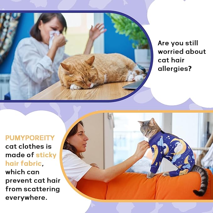 PUMYPOREITY Cat Hair Sticky Shirt – Breathable & Lightweight, Reduces Shedding Fur Pajamas, Prevents Licking Wounds After Surgery, Cat Sweaters - Soft & Machine Washable, Blue, M