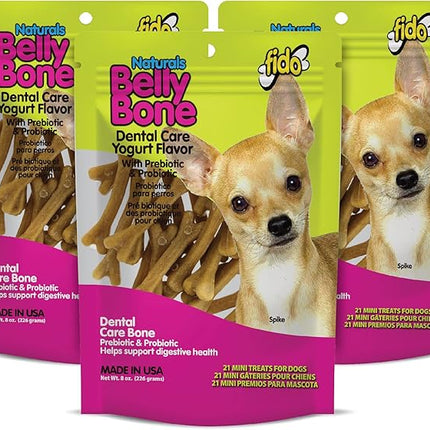 Fido - Belly Bones for Dogs, Yogurt Flavored Mini Dog Dental Treats - 21 Treats Per Pack, 3 Pack - for Small Dogs, Made in USA, Plaque & Tartar Control, Fresh Breath, Digestive Health Support